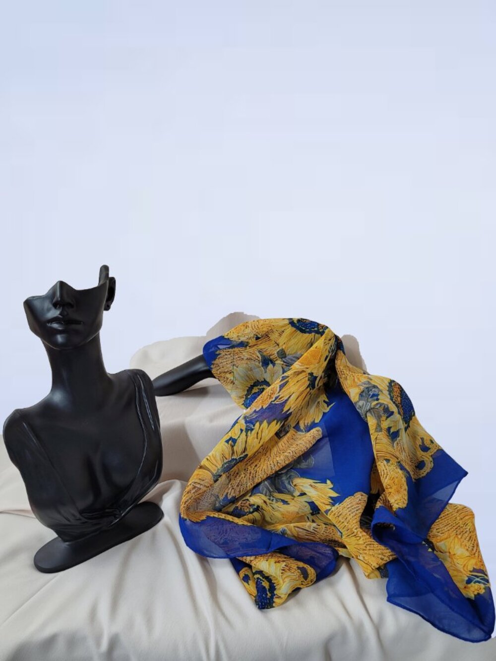 Sheer Polyester Blue Square Scarf Yellow Sunflower